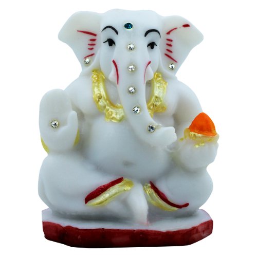 Small Lord Ganesha Sitting With Holding Red Modak in Hand White Color Idol for Home Decor - Karigaari India Aesthetic Home Decor