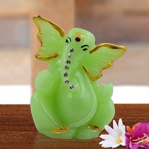 Small Unique Lord Ganesha Sitting Idol Green Color And Golden Ornaments Best for Home Decor - Karigaari India Aesthetic Home Decor