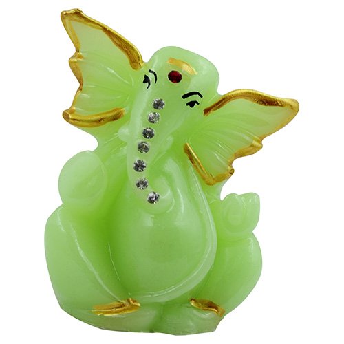 Small Unique Lord Ganesha Sitting Idol Green Color And Golden Ornaments Best for Home Decor - Karigaari India Aesthetic Home Decor
