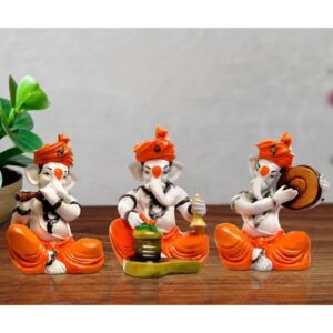 Three Little Lord Ganesha Idol Playing Instruments Orange Best & Unique Item for Home Decor - Karigaari India Aesthetic Home Decor