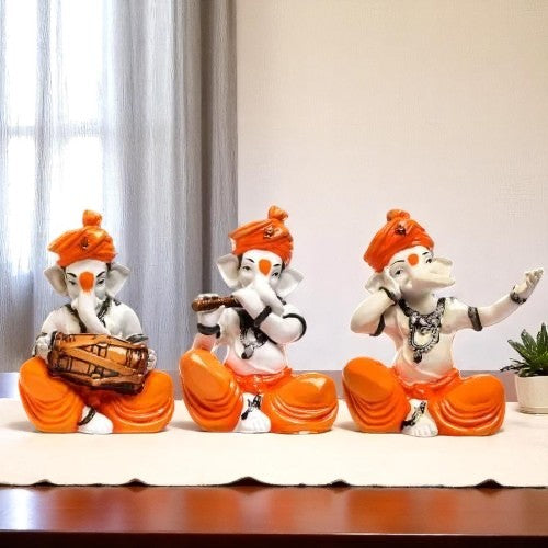Three Lord Ganesha Idol Playing Instruments Idol Orange Color Best & Unique Item for Home Decor - Karigaari India Aesthetic Home Decor