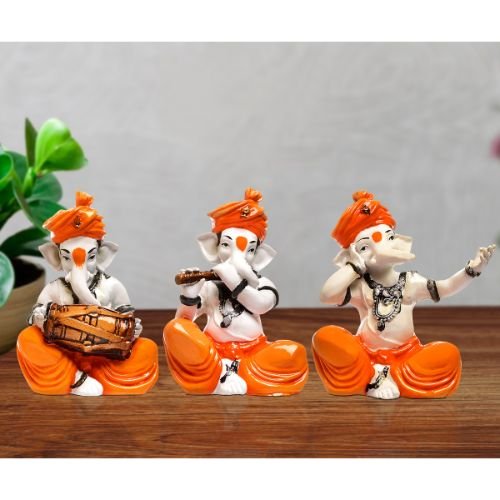 Three Lord Ganesha Idol Playing Instruments Idol Orange Color Best & Unique Item for Home Decor - Karigaari India Aesthetic Home Decor