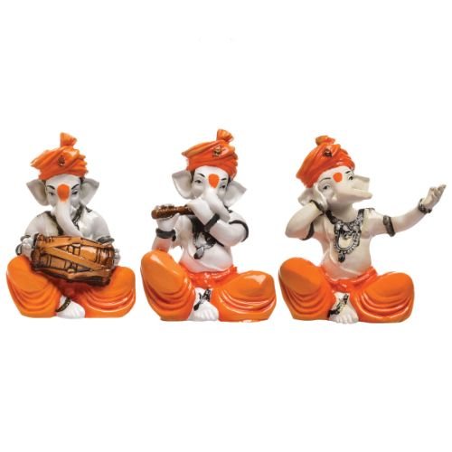 Three Lord Ganesha Idol Playing Instruments Idol Orange Color Best & Unique Item for Home Decor - Karigaari India Aesthetic Home Decor