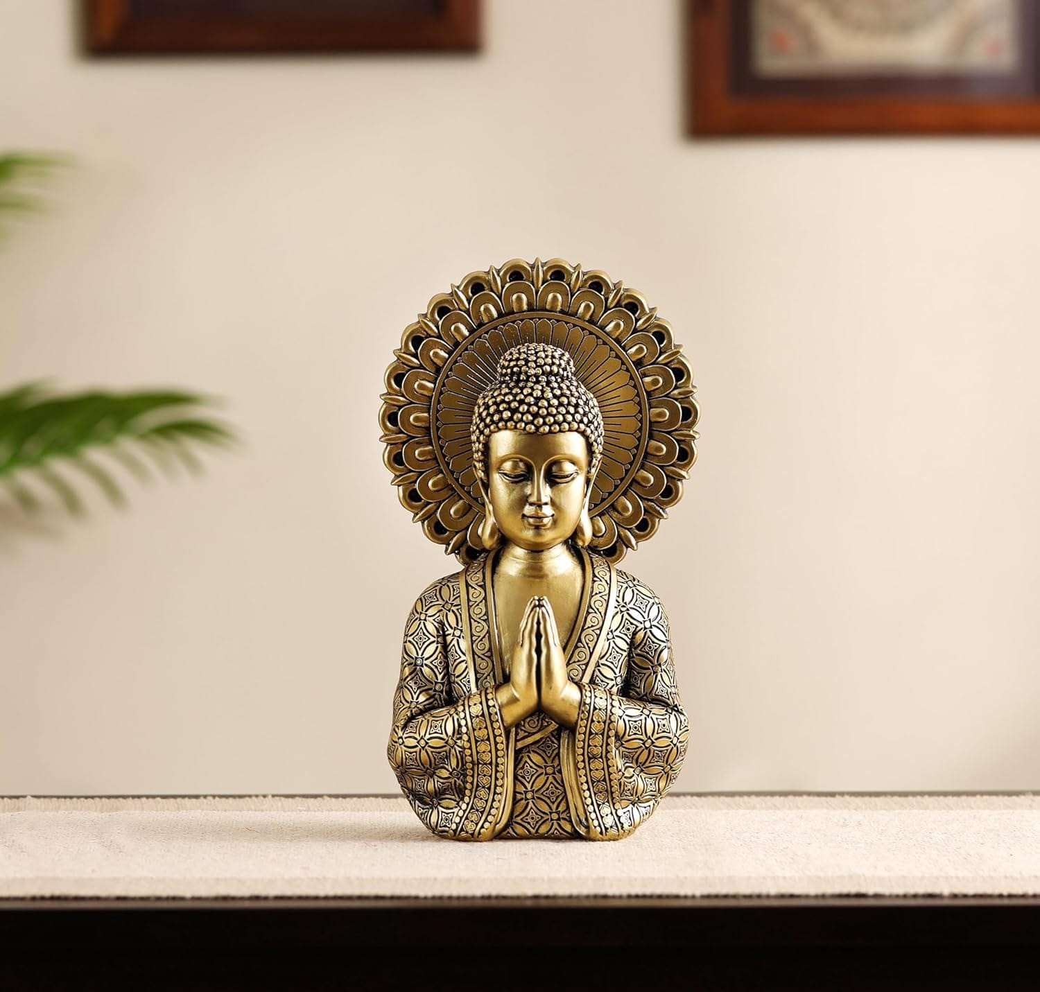 Antique Golden Resin Buddha Statue for Home Decor | Meditating Buddha Idol for Living Room, Office & Gifting | Vintage Look Spiritual Showpiece - Karigaari India Aesthetic Home Decor
