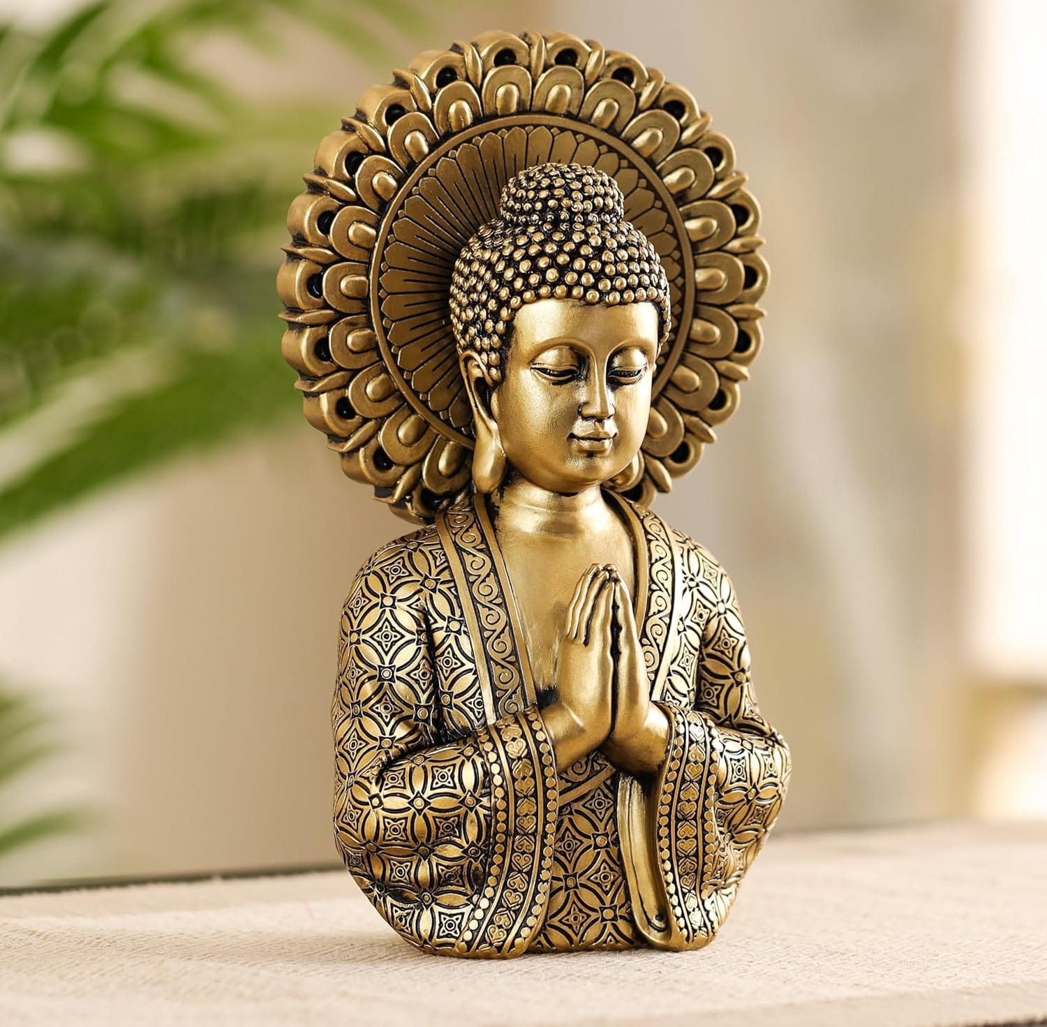 Antique Golden Resin Buddha Statue for Home Decor | Meditating Buddha Idol for Living Room, Office & Gifting | Vintage Look Spiritual Showpiece - Karigaari India Aesthetic Home Decor