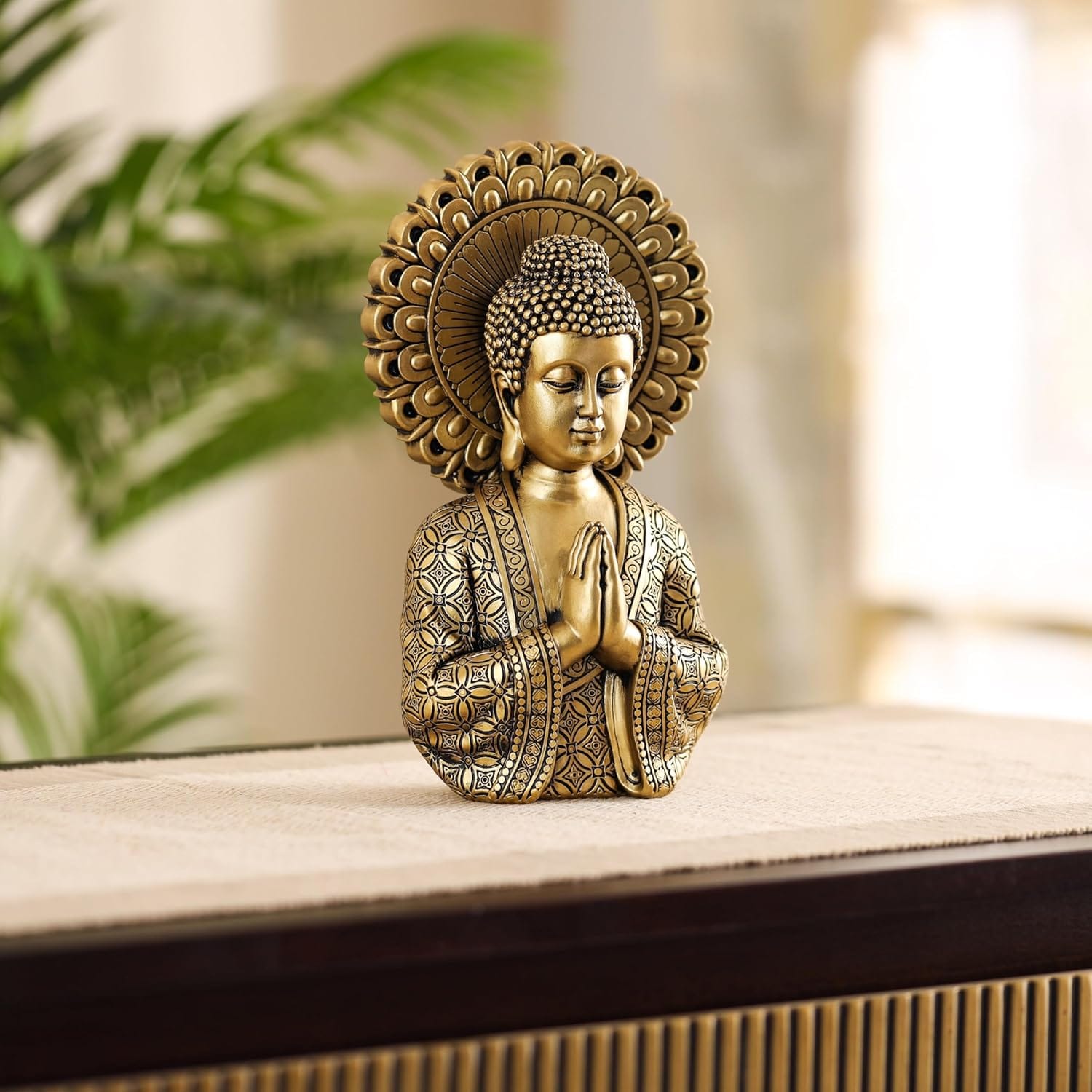 Antique Golden Resin Buddha Statue for Home Decor | Meditating Buddha Idol for Living Room, Office & Gifting | Vintage Look Spiritual Showpiece - Karigaari India Aesthetic Home Decor