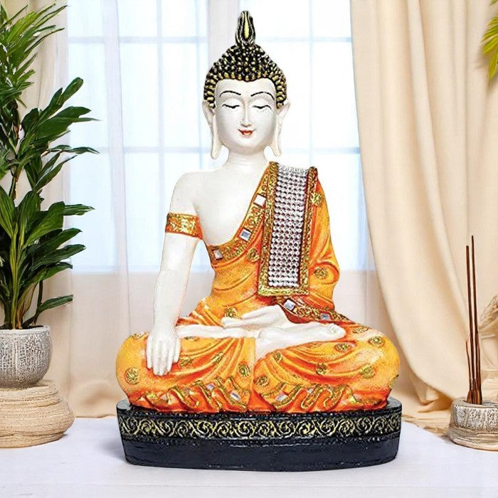 Elegant Artisan Ployresin Lord Buddha Meditating Orange Colour Figurine Display Piece Home Decor Office Home Decor Spiritual Gift Luxurious Accent 1 Handcrafted Ployresin Lord Buddha Meditating Orange Colour Statue Showpiece Home Decor/Office Decor/Spiritual Gift - Karigaari India Aesthetic Home Decor