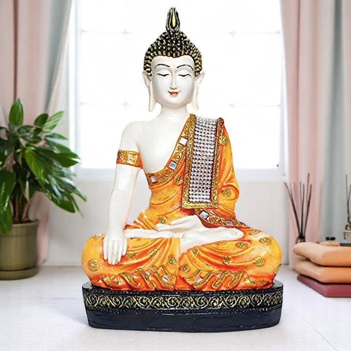 Elegant Artisan Ployresin Lord Buddha Meditating Orange Colour Figurine Display Piece Home Decor Office Home Decor Spiritual Gift Luxurious Accent 2 Handcrafted Ployresin Lord Buddha Meditating Orange Colour Statue Showpiece Home Decor/Office Decor/Spiritual Gift - Karigaari India Aesthetic Home Decor