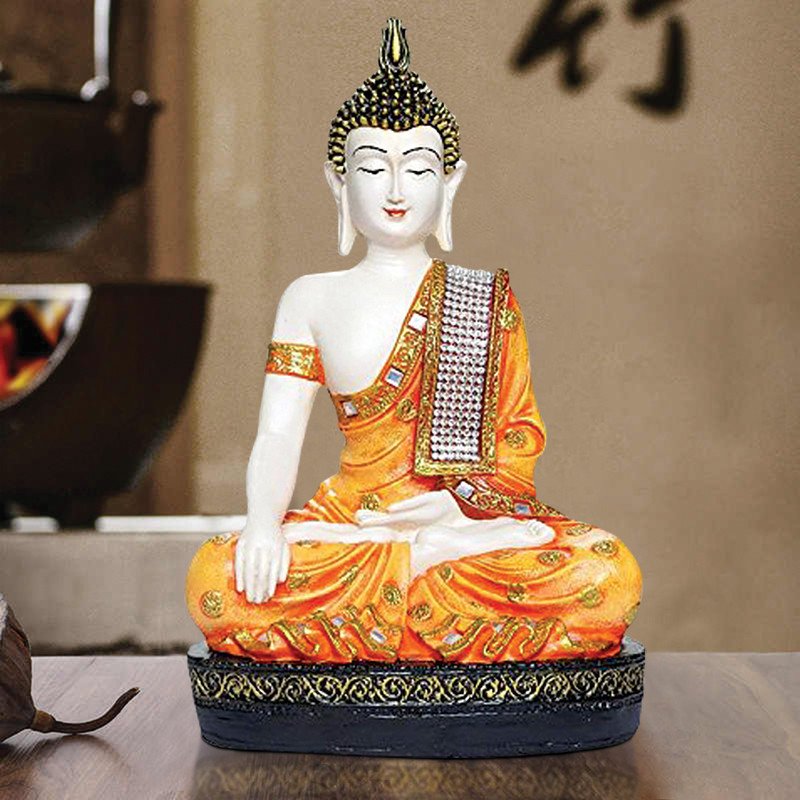Elegant Artisan Ployresin Lord Buddha Meditating Orange Colour Figurine Display Piece Home Decor Office Home Decor Spiritual Gift Luxurious Accent 3 Handcrafted Ployresin Lord Buddha Meditating Orange Colour Statue Showpiece Home Decor/Office Decor/Spiritual Gift - Karigaari India Aesthetic Home Decor