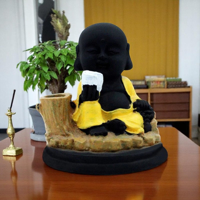 Elegant Artisan Ployresin Lord Buddha Sitting Figurine Display Piece Home Decor Office Home Decor Spiritual Giftblack And Yellow Colour Unique Decor Piece 3 Handcrafted Ployresin Lord Buddha Sitting Statue Showpiece Home Decor/Office Decor/Spiritual Gift,Black And Yellow Colour - Karigaari India Aesthetic Home Decor