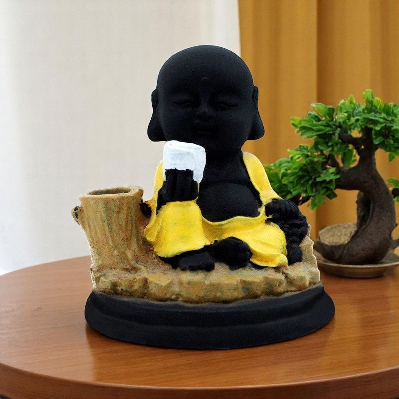 Elegant Artisan Ployresin Lord Buddha Sitting Figurine Display Piece Home Decor Office Home Decor Spiritual Giftblack And Yellow Colour Unique Decor Piece 4 Handcrafted Ployresin Lord Buddha Sitting Statue Showpiece Home Decor/Office Decor/Spiritual Gift,Black And Yellow Colour - Karigaari India Aesthetic Home Decor