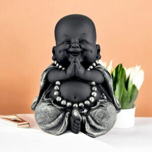 Black & Silver Laughing Buddha Idol | Resin Baby Monk Buddha for Home Decor, Office Desk & Gifting, Buddha gift for housewarming - Karigaari India Aesthetic Home Decor