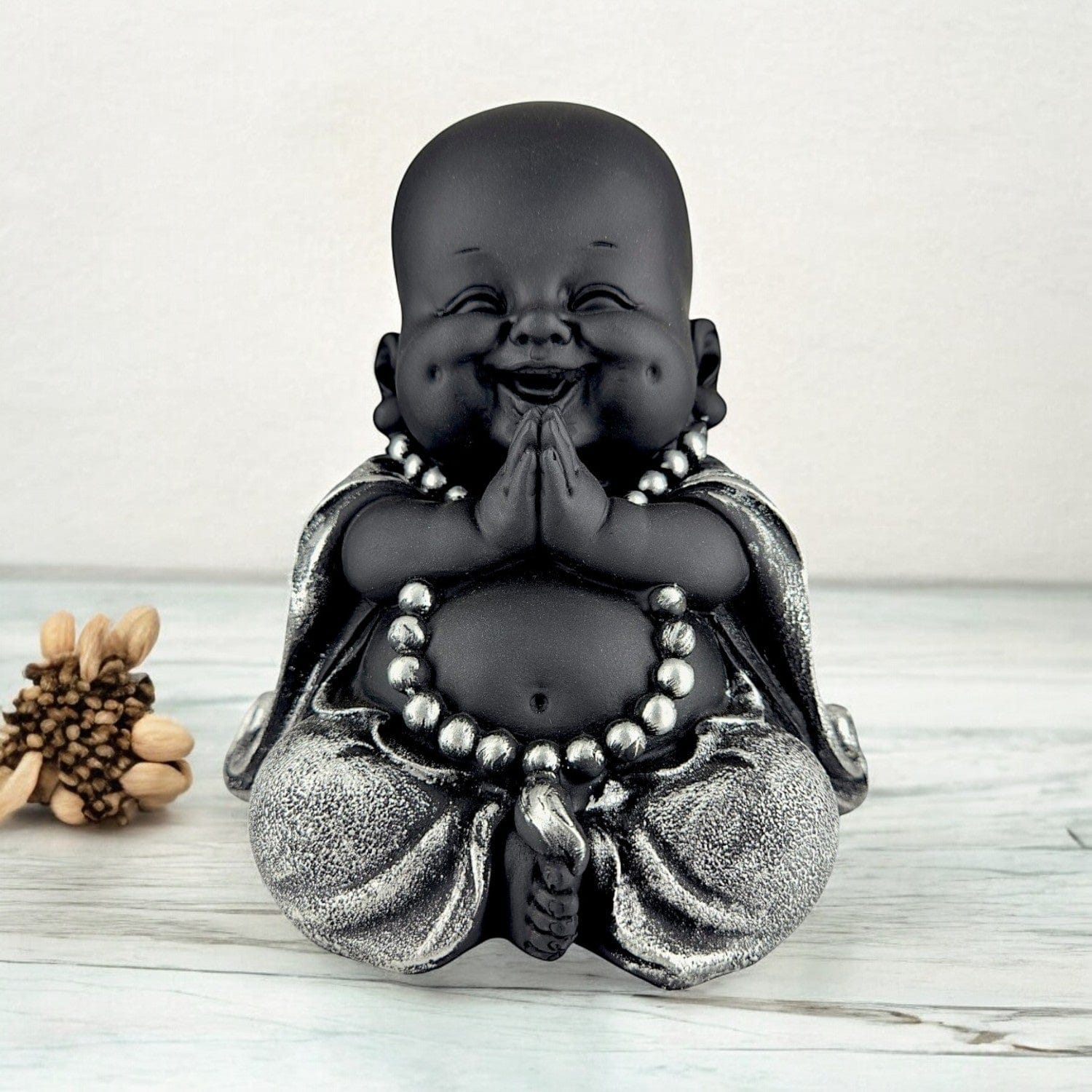 Elegant Black Silver Laughing Buddha Figure Resin Baby Monk Buddha For Home Home Decor Office Desk Gifting Buddha Gift For Housewarming Stylish Accent 2 Black & Silver Laughing Buddha Idol | Resin Baby Monk Buddha for Home Decor, Office Desk & Gifting, Buddha gift for housewarming - Karigaari India Aesthetic Home Decor