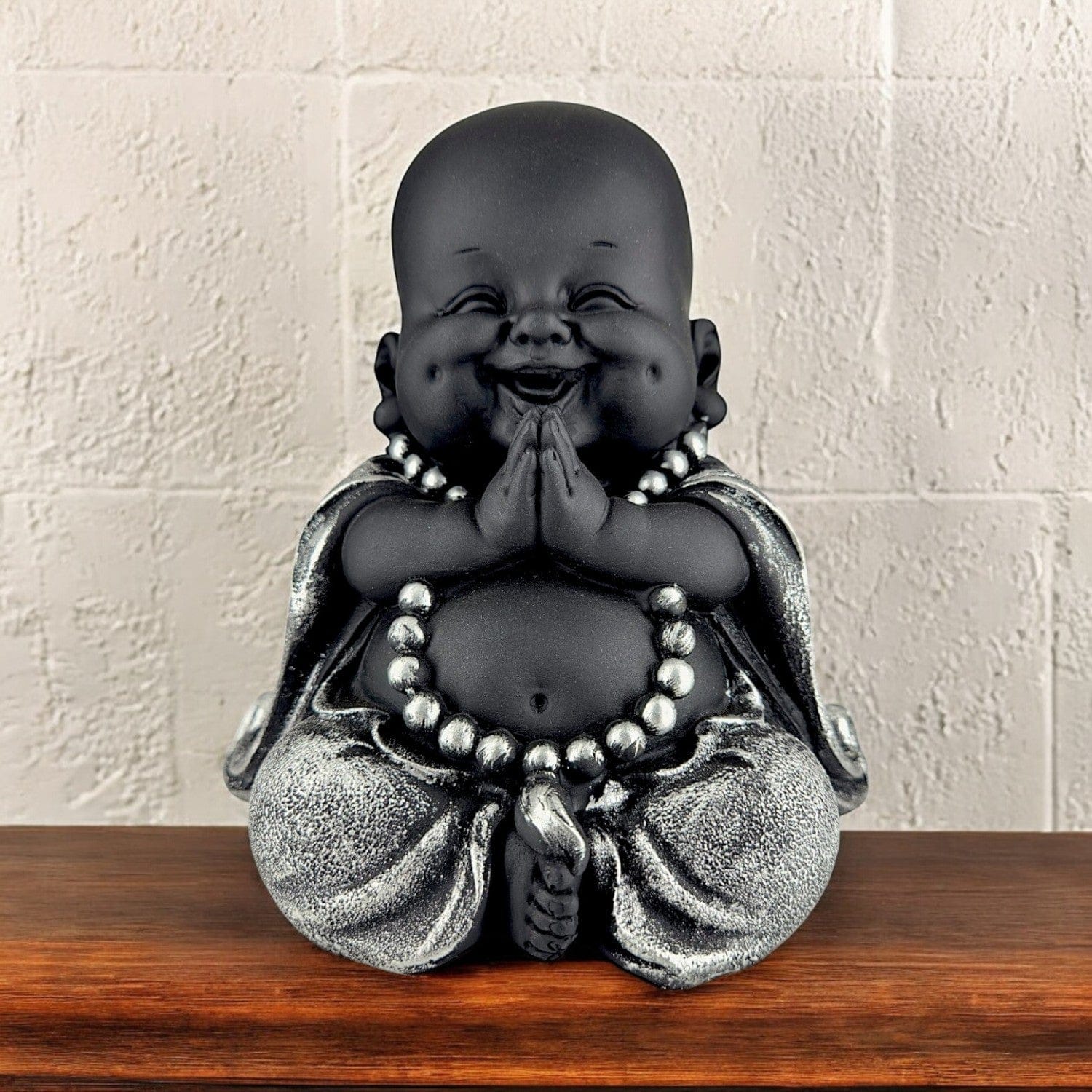 Elegant Black Silver Laughing Buddha Figure Resin Baby Monk Buddha For Home Home Decor Office Desk Gifting Buddha Gift For Housewarming Stylish Accent 3 Black & Silver Laughing Buddha Idol | Resin Baby Monk Buddha for Home Decor, Office Desk & Gifting, Buddha gift for housewarming - Karigaari India Aesthetic Home Decor