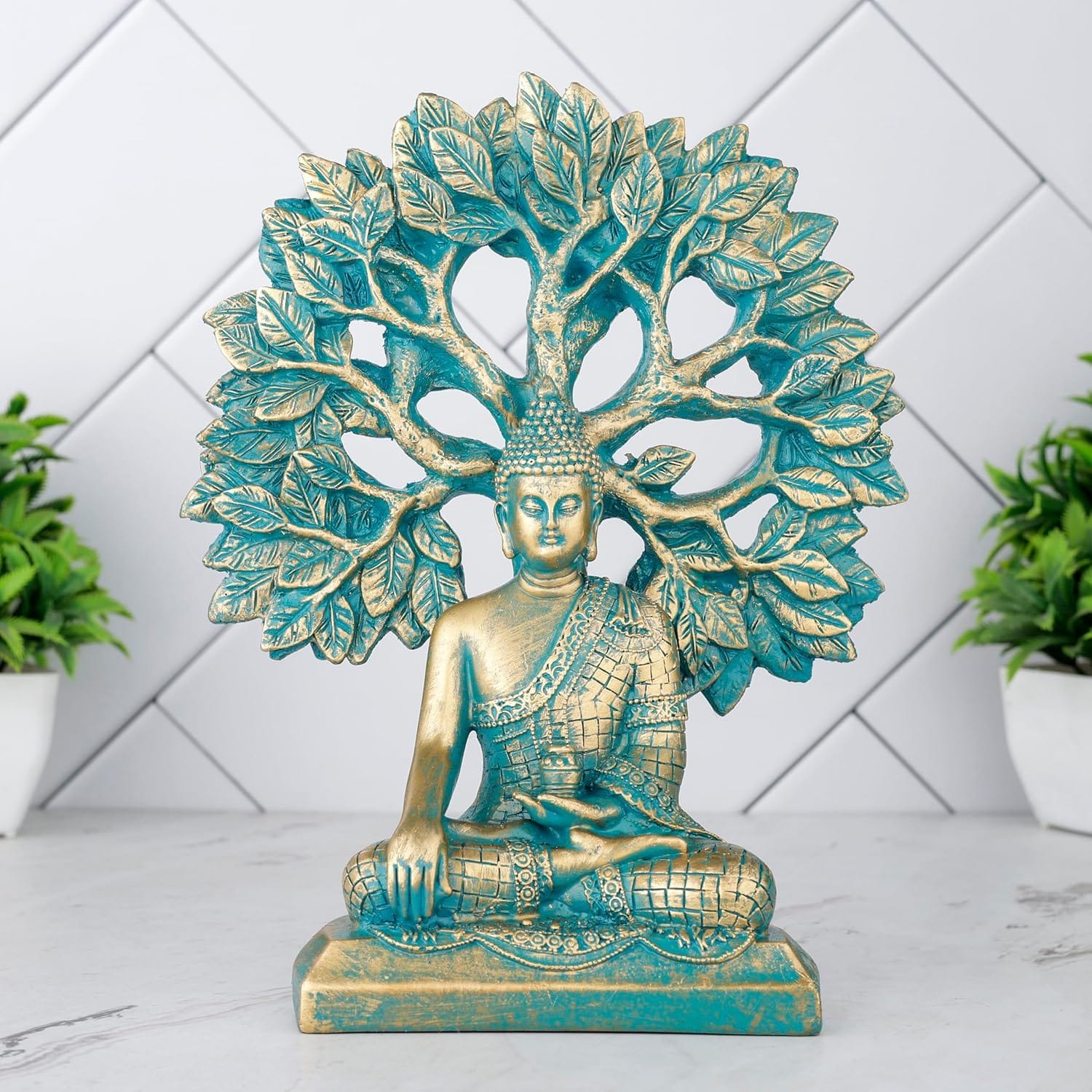 Elegant Buddha Under Bodhi Tree Idol Enlightenment Home Decoration Modern Ornament 1 Buddha Under Bodhi Tree Statue Enlightenment Home Decor - Karigaari India Aesthetic Home Decor