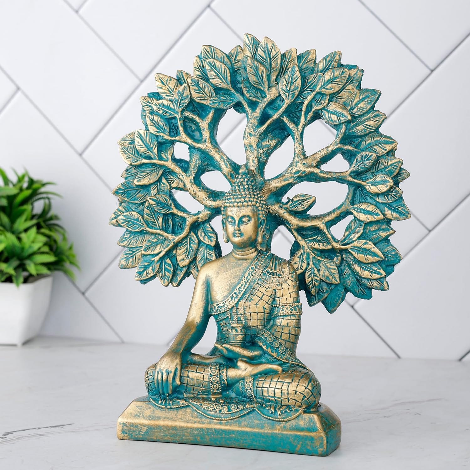 Elegant Buddha Under Bodhi Tree Idol Enlightenment Home Decoration Modern Ornament 3 Buddha Under Bodhi Tree Statue Enlightenment Home Decor - Karigaari India Aesthetic Home Decor