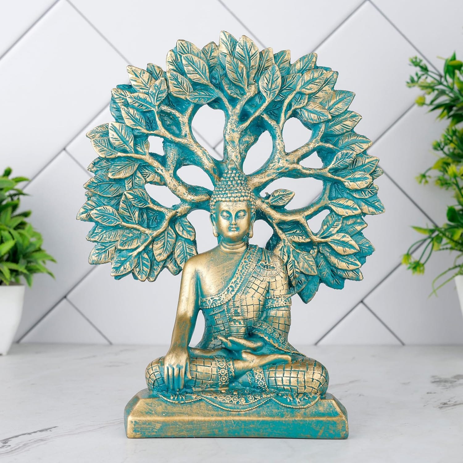 Elegant Buddha Under Bodhi Tree Idol Enlightenment Home Decoration Modern Ornament 4 Buddha Under Bodhi Tree Statue Enlightenment Home Decor - Karigaari India Aesthetic Home Decor