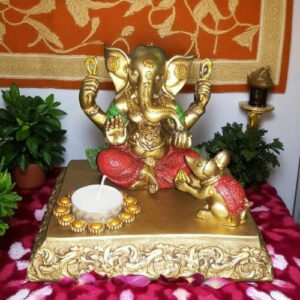 Golden Color Ganesh Sitting with Mouse & Dipak Idol for Home Decor - Karigaari India Aesthetic Home Decor