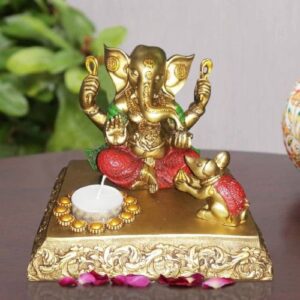 Golden Color Ganesh Sitting with Mouse & Dipak Idol for Home Decor - Karigaari India Aesthetic Home Decor