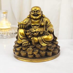 Golden Laughing Buddha Resin Statue - Wealth - Karigaari India Aesthetic Home Decor