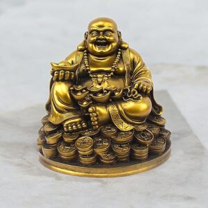 Golden Laughing Buddha Resin Statue - Wealth - Karigaari India Aesthetic Home Decor