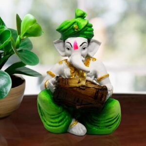 Lord Ganesha Idol Playing Dhol Best & Unique Design Green for Home Decor - Karigaari India Aesthetic Home Decor