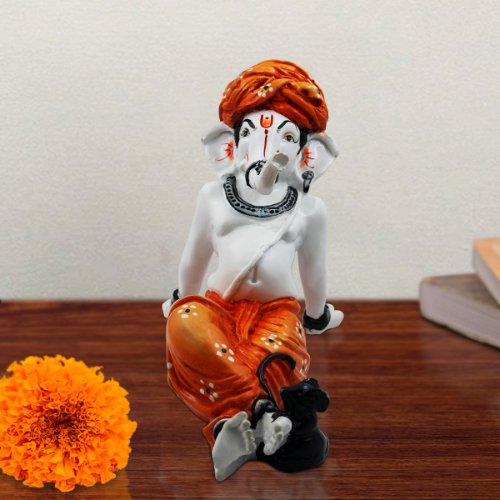 Lord Ganesha Sitting Relax Orange Color Idol for Home Decor - Karigaari India Aesthetic Home Decor
