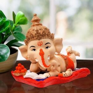 Lord Ganesha Sleeping With Mouse Idol Best & Unique Design Red Color for Home Decor - Karigaari India Aesthetic Home Decor