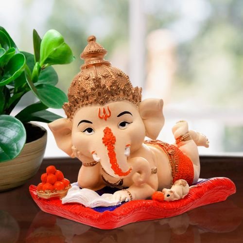 Lord Ganesha Sleeping With Mouse Idol Best & Unique Design Red Color for Home Decor - Karigaari India Aesthetic Home Decor