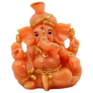 Lord Ganesha Wearing Paghadi And Sitting With One Leg Fold Orange Colour Idol for Home Decor - Karigaari India Aesthetic Home Decor