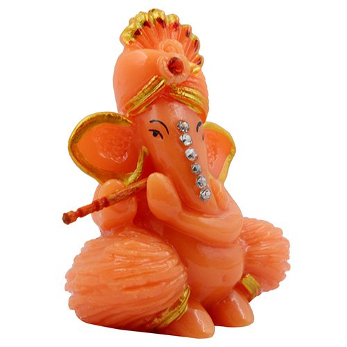 Unique Design Lord Ganesha Sitting And Playing Flute Idol Orange Color Best for Home Decor - Karigaari India Aesthetic Home Decor