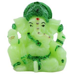Unique Small Lord Ganesha Sitting With One Leg Up Idol Green Color And dark Green Ornaments Best for Home Decor - Karigaari India Aesthetic Home Decor