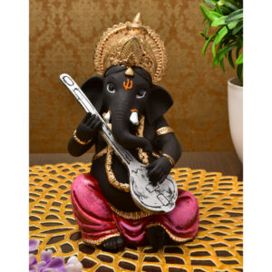 Elegant Musical Ganesha Idol Playing Veena | Resin Ganpati Statue for Home Decor & Gifting | Divine Lord Ganesh Murti for Mandir, Living Room, Office - Karigaari India Aesthetic Home Decor