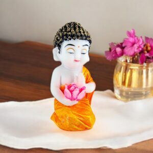 Resin Meditating Baby Buddha Idol with Pink Lotus Flower | Spiritual Buddha Statue for Home Decor, Meditation, and Gifting | Yellow Robe Figurine for Peace & Positivity - Karigaari India Aesthetic Home Decor