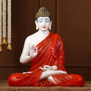 Serene Meditating Buddha Idol White & Red Resin Decor - Karigaari India Aesthetic Home Decor