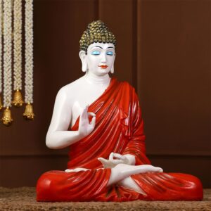 Serene Meditating Buddha Idol White & Red Resin Decor - Karigaari India Aesthetic Home Decor