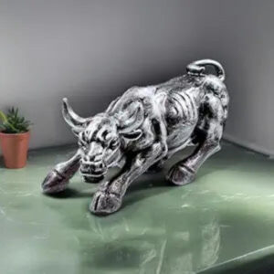Silver Charging Bull Resin Statue - Powerful Decor - Karigaari India Aesthetic Home Decor