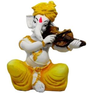 Small Lord Ganesha Idol Playing Instruments Best & Unique Design Yellow for Home Decor - Karigaari India Aesthetic Home Decor