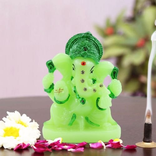 Small Lord Ganesha sitting Unique Crystal Green Colour Idol with Dark Green Color Ornaments for Home Decor - Karigaari India Aesthetic Home Decor