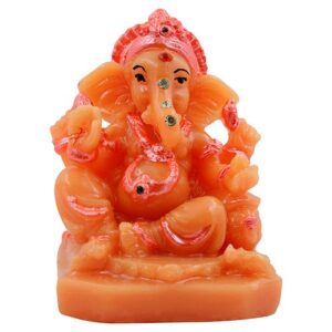 Small Unique Lord Ganesha Sitting With One Leg Down Idol Orange Color And Pink Ornaments Best for Home Decor - Karigaari India Aesthetic Home Decor