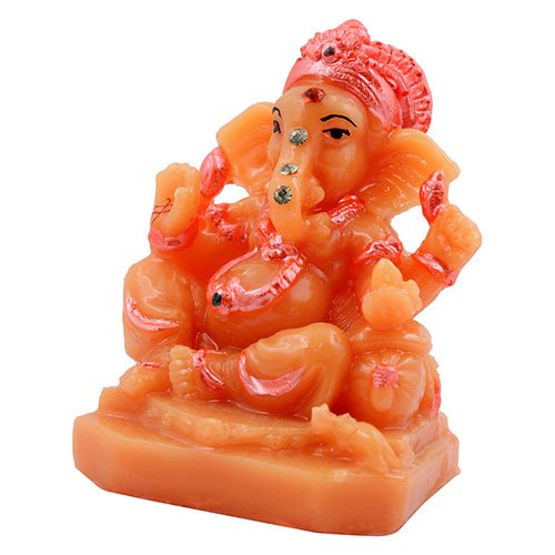 Small Unique Lord Ganesha Sitting With One Leg Down Idol Orange Color And Pink Ornaments Best for Home Decor - Karigaari India Aesthetic Home Decor