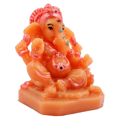 Small Unique Lord Ganesha Sitting With One Leg Down Idol Orange Color And Pink Ornaments Best for Home Decor - Karigaari India Aesthetic Home Decor