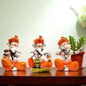 Three Little Lord Ganesha Playing Instruments & Singing Idol Orange Color Best for Home Decor - Karigaari India Aesthetic Home Decor