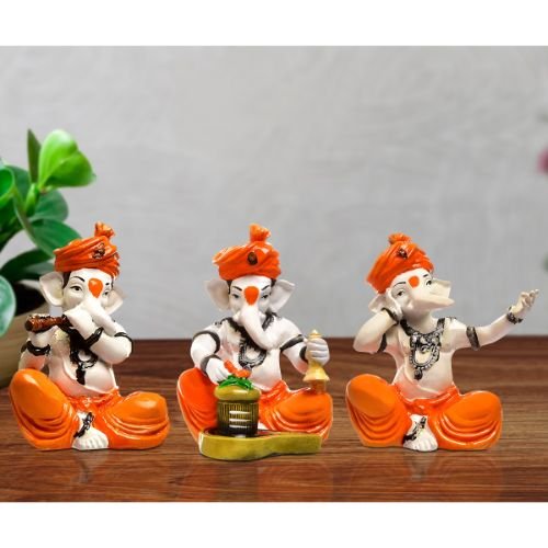Three Little Lord Ganesha Playing Instruments & Singing Idol Orange Color Best for Home Decor - Karigaari India Aesthetic Home Decor