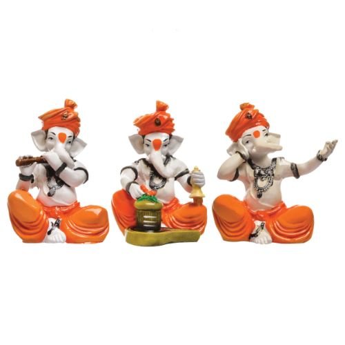 Three Little Lord Ganesha Playing Instruments & Singing Idol Orange Color Best for Home Decor - Karigaari India Aesthetic Home Decor