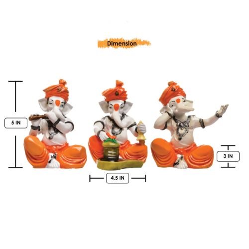 Three Little Lord Ganesha Playing Instruments & Singing Idol Orange Color Best for Home Decor - Karigaari India Aesthetic Home Decor