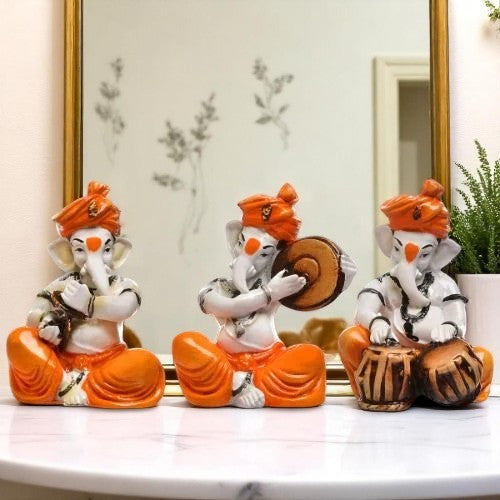 Elegant Three Small Lord Ganesha Figure Playing Instruments Orange Best One Of A Kind Design For Home Home Decor Decorative Piece 1 Three Small Lord Ganesha Idol Playing Instruments Orange Best & Unique Design for Home Decor - Karigaari India Aesthetic Home Decor
