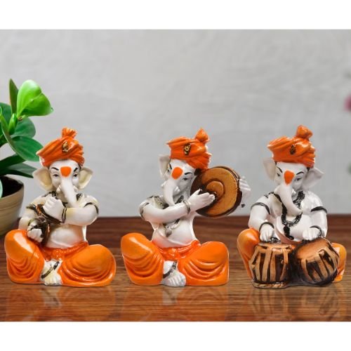Elegant Three Small Lord Ganesha Figure Playing Instruments Orange Best One Of A Kind Design For Home Home Decor Decorative Piece 2 Three Small Lord Ganesha Idol Playing Instruments Orange Best & Unique Design for Home Decor - Karigaari India Aesthetic Home Decor