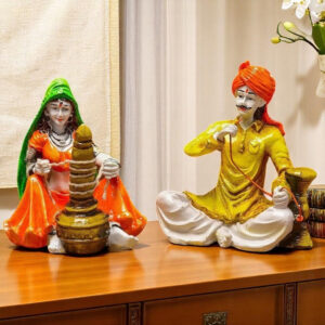 Traditions of Rajasthani : Man with Hukka & Lady with Chaas Idol showpiece for Home Decor - Karigaari India Aesthetic Home Decor