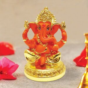 Stylish Ceramic Gold & Orange Ganesha for Car Dashboard - Karigaari India Aesthetic Home Decor